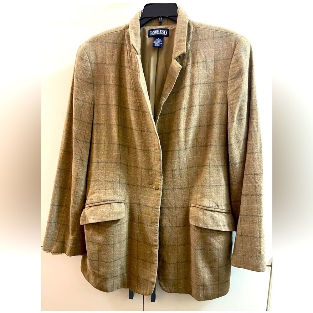 Lands End Womens Wool Cashmere Jacket Size 8 Browns Tans Glen Plaid 3 Button